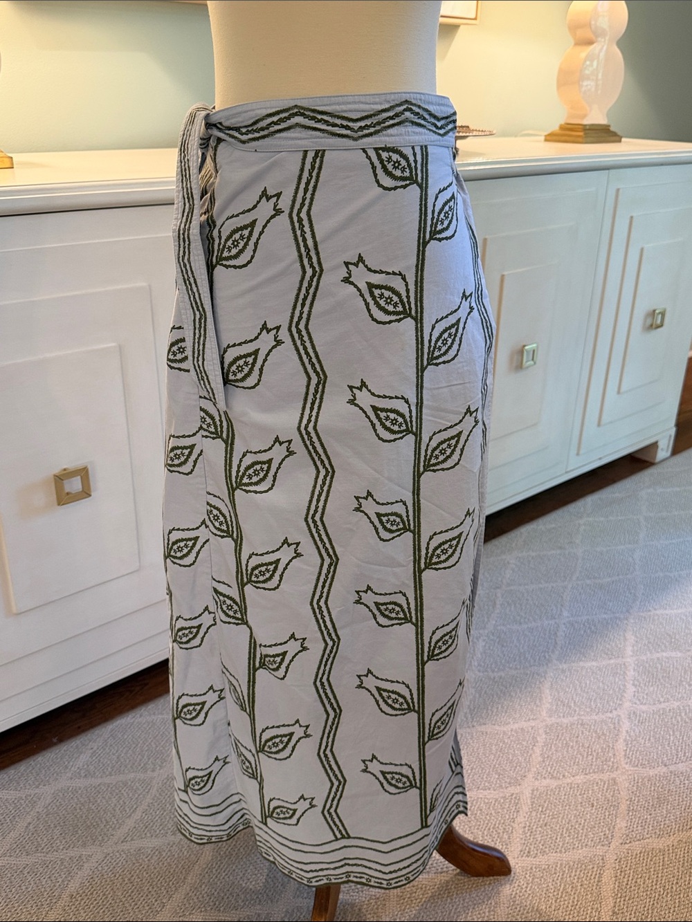 Omika- Women’s Pale blue Wrap Skirt with Olive Embroidered Motif